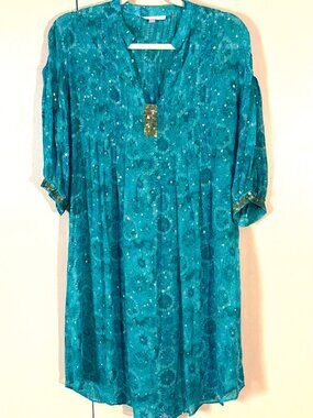 Rebecca Taylor Blue Dress Sheer 2 Boho Silk Chiffon Semi Sheer Shift Sequins